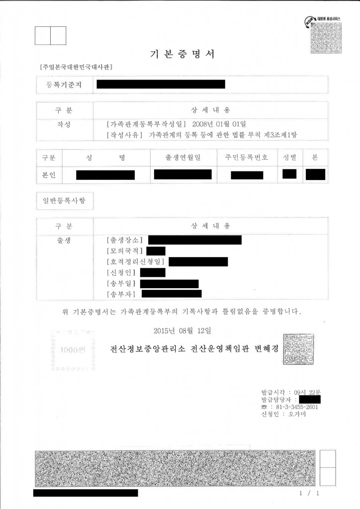 帰化申請用の「身分関係を証する書面」とは―韓国・朝鮮の方　【基本証明書　기본증명서】