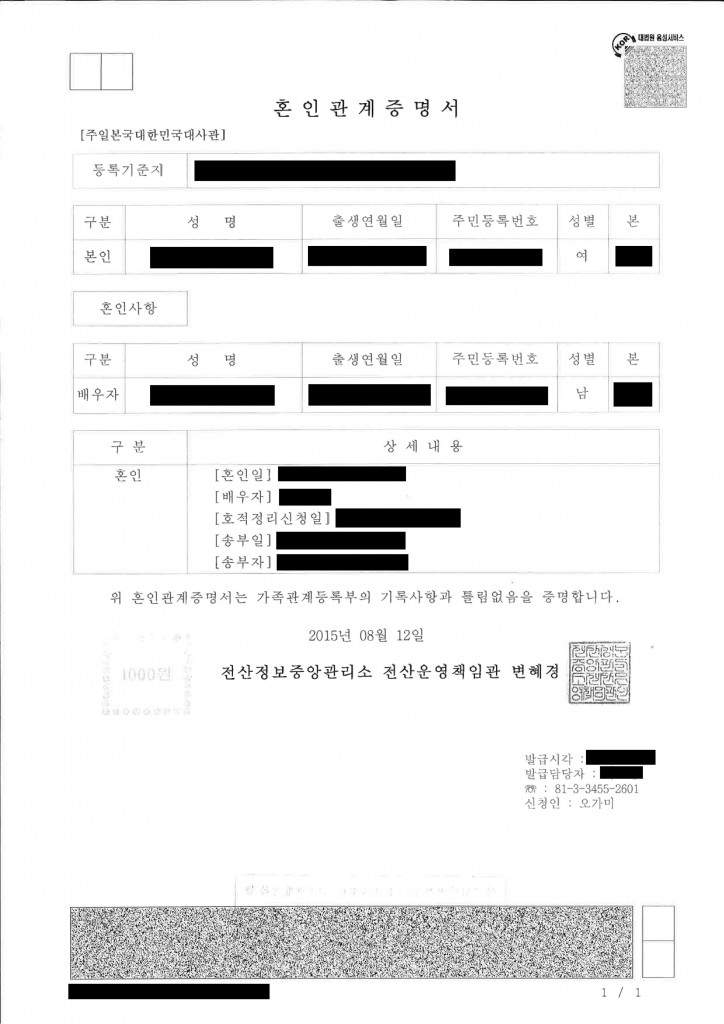帰化申請用の「身分関係を証する書面」とは―韓国・朝鮮の方　【婚姻関係証明書　혼인관계증명서】
